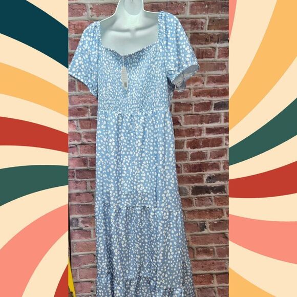 WhizMax Blue Polka Dot Maxi Dress 2XL Off Shoulder Smocked Bodice Cotton Blend - Picture 2 of 7